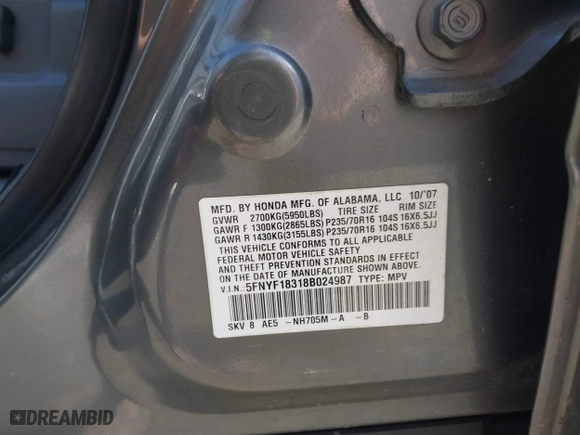 2008 Honda Pilot SE with VIN 5FNYF18318B024987, listed as a IAAI auction lot 41534055 with 254,887 mi miles. Bid and sale history available at carsss.com. Image 9.