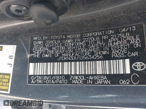 2013 Toyota Prius One with VIN JTDKN3DU1D5634256, listed as a IAAI auction lot 41695971 with 251,165 mi miles. Bid and sale history available at carsss.com. Image 9.