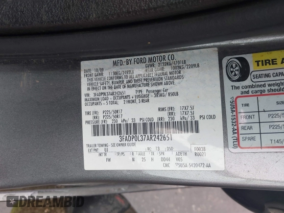2010 Ford Fusion Hybrid with VIN 3FADP0L37AR242651, listed as a IAAI auction lot 42457758 with 196,894 mi miles and . Bid and sale history available at DreamBid. Image 9.