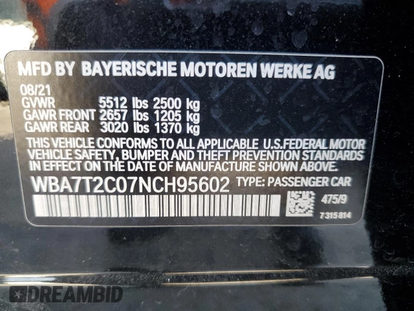 2022 BMW 7 Series 740i with VIN WBA7T2C07NCH95602, listed as a Copart auction lot 72067674 with 136,950 mi miles and Salvage Title. Bid and sale history available at carsss.com. Image 12.