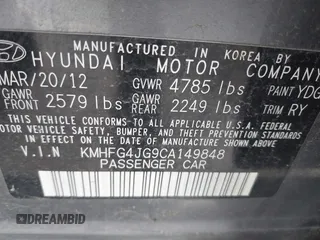 2012 Hyundai Azera with VIN KMHFG4JG9CA149848, listed as a IAAI auction lot 41658387 with 164,933 mi miles and . Bid and sale history available at carsss.com. Image 9.