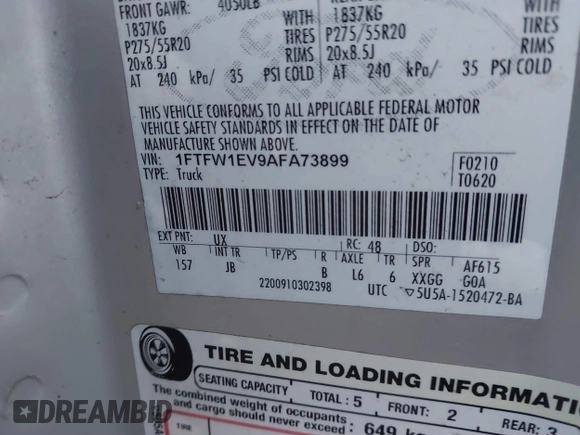 2010 Ford F-150 XL с VIN 1FTFW1EV9AFA73899, выставлен на аукционе IAAI как лот 41175562 с пробегом 190 448 миль миль и . История ставок и продаж доступна на DreamBid. Изображение 9.