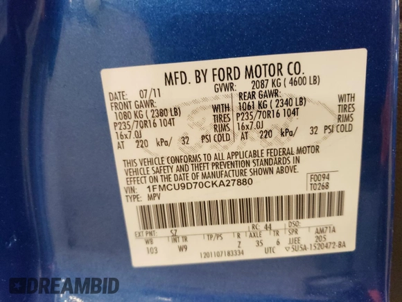 2012 Ford Escape XLT z VIN 1FMCU9D70CKA27880, wystawiony jako Copart lot #60355985 z przebiegiem Nie podano mil oraz Czysty tytuł • Clean title. Historia ofert i sprzedaży dostępna na DreamBid. Obrazek 13.