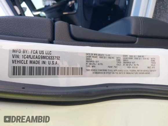 2021 Jeep Grand Cherokee Laredo X with VIN 1C4RJEAG9MC633792, listed as a IAAI auction lot 41854524 with Not provided miles and . Bid and sale history available at DreamBid. Image 9.