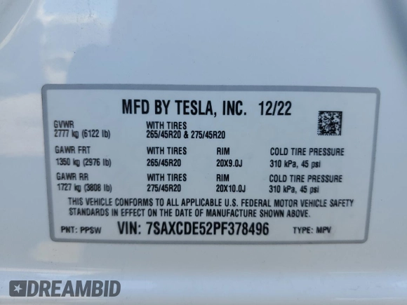 2023 Tesla Model X with VIN 7SAXCDE52PF378496, listed as a Copart auction lot 49455825 with Not Provided miles and Salvage Title. Bid and sale history available at DreamBid. Image 15.