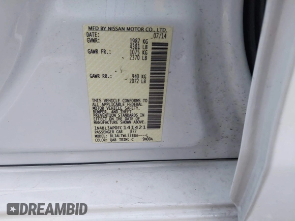 2015 Nissan Altima SL with VIN 1N4BL3AP0FC141421, listed as a IAAI auction lot 40999595 with 175,437 mi miles and . Bid and sale history available at DreamBid. Image 8.