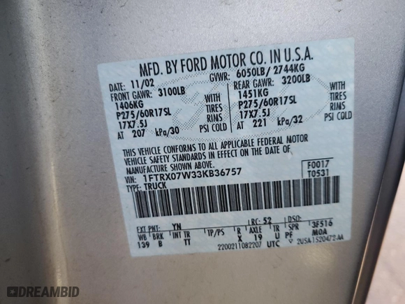 2003 Ford F-150 XL with VIN 1FTRX07W33KB36757, listed as a Copart auction lot 82878694 with 0 mi miles and Salvage Title. Bid and sale history available at carsss.com. Image 12.