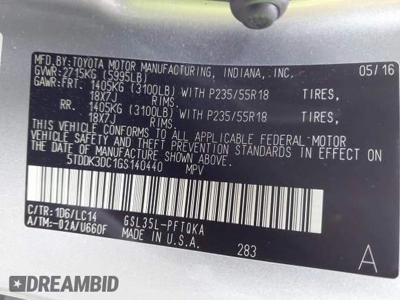2016 Toyota Sienna Limited with VIN 5TDDK3DC1GS140440, listed as a IAAI auction lot 41658777 with 131,692 mi miles and . Bid and sale history available at DreamBid. Image 9.