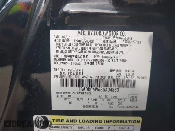 2008 Ford Taurus X Limited with VIN 1FMDK06W68GA04883, listed as a IAAI auction lot 42655172 with 216,828 mi miles and . Bid and sale history available at DreamBid. Image 9.