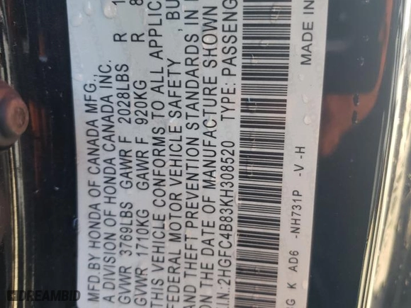 2019 Honda Civic Coupe Sport with VIN 2HGFC4B83KH308520, listed as a Copart auction lot 86013424 with 101,427 mi miles and Salvage Title. Bid and sale history available at carsss.com. Image 12.