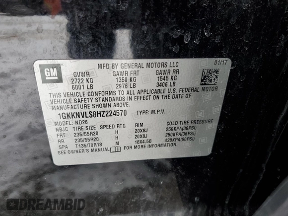 2017 GMC Acadia SLT with VIN 1GKKNVLS8HZ224570, listed as a Copart auction lot 45385165 with 75,175 mi miles and Salvage Title. Bid and sale history available at carsss.com. Image 13.