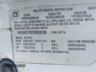 2000 Cadillac Escalade z VIN 1GYEK63R2YR230105, wystawiony jako IAAI lot #41575390 z przebiegiem 258 152 mil mil oraz . Historia ofert i sprzedaży dostępna na DreamBid. Obrazek 9.