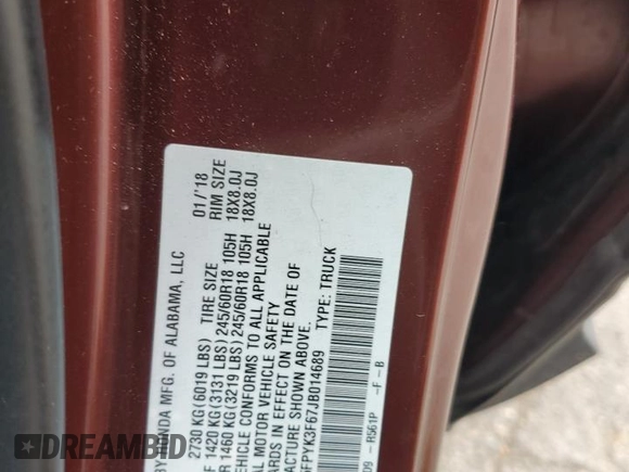 2018 Honda Ridgeline RTL-T z VIN 5FPYK3F67JB014689, wystawiony jako Copart lot #58471865 z przebiegiem 72 204 mil mil oraz Szkody całkowita. Historia ofert i sprzedaży dostępna na DreamBid. Obrazek 12.
