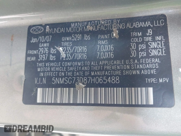 2007 Hyundai Santa Fe GLS с VIN 5NMSG73D87H065488, выставлен на аукционе IAAI как лот 42352837 с пробегом 209 900 миль миль и . История ставок и продаж доступна на DreamBid. Изображение 9.