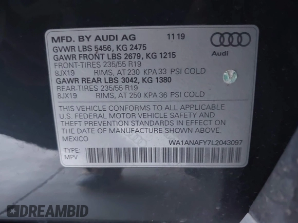 2020 Audi Q5 Premium z VIN WA1ANAFY7L2043097, wystawiony jako IAAI lot #41912219 z przebiegiem 58 265 mil mil oraz . Historia ofert i sprzedaży dostępna na DreamBid. Obrazek 9.