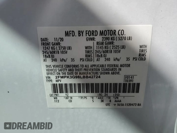 2020 Ford Edge SE with VIN 2FMPK3G98LBB42724, listed as a Copart auction lot 73771704 with Not provided miles and Non repairable. Bid and sale history available at DreamBid. Image 14.