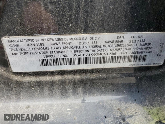 2007 Volkswagen Jetta Wolfsburg Edition z VIN 3VWEF71K67M061788, wystawiony jako Copart lot #57208365 z przebiegiem 184 055 mil mil oraz Szkoda całkowita • Salvage title. Historia ofert i sprzedaży dostępna na DreamBid. Obrazek 12.