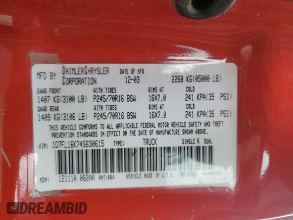 2004 Dodge Dakota z VIN 1D7FL16K74S630615, wystawiony jako Copart lot #57766065 z przebiegiem 170 181 mil mil oraz Szkoda całkowita • Salvage title. Historia ofert i sprzedaży dostępna na DreamBid. Obrazek 12.