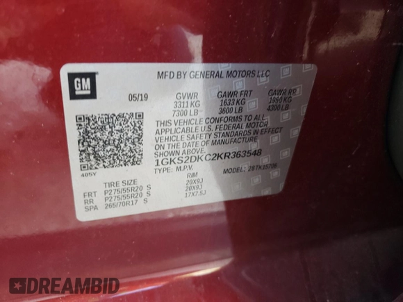 2019 GMC Yukon SLT Standard Edition with VIN 1GKS2DKC2KR363548, listed as a Copart auction lot 85361044 with 50,305 mi miles and Salvage Title. Bid and sale history available at carsss.com. Image 13.
