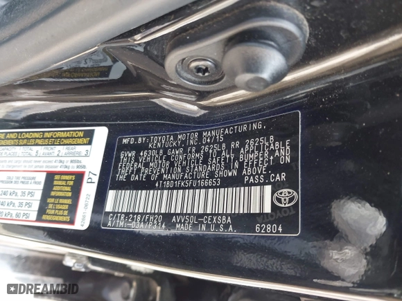 2015 Toyota Camry Hybrid LE with VIN 4T1BD1FK5FU166653, listed as a IAAI auction lot 41412963 with 105,428 mi miles. Bid and sale history available at carsss.com. Image 9.