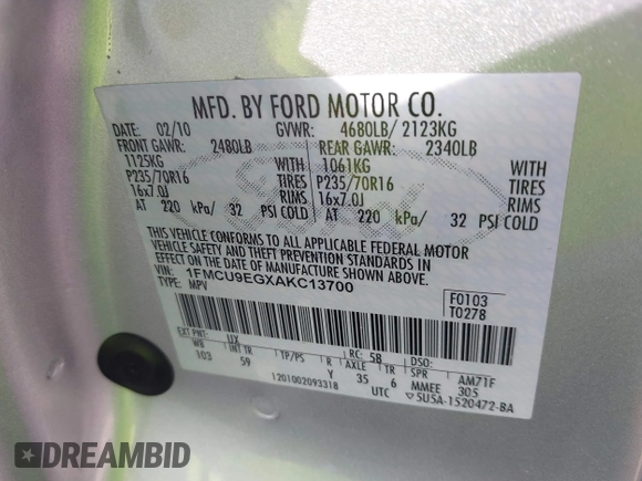 2010 Ford Escape Limited with VIN 1FMCU9EGXAKC13700, listed as a IAAI auction lot 42452729 with 181,270 mi miles and . Bid and sale history available at DreamBid. Image 9.