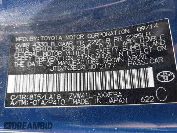 2014 Toyota Prius Two with VIN JTDZN3EUXEJ012177, listed as a IAAI auction lot 42109871 with 234,480 mi miles and . Bid and sale history available at DreamBid. Image 9.