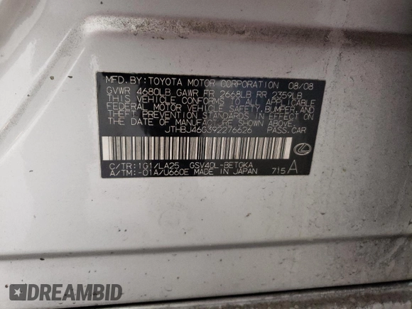 2009 Lexus ES 330 with VIN JTHBJ46G392276626, listed as a Copart auction lot 48397355 with 219,621 mi miles and Clean Title. Bid and sale history available at DreamBid. Image 12.