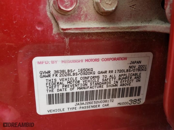 2002 Mitsubishi Lancer ES with VIN JA3AJ26E52U038172, listed as a Copart auction lot 66434354 with 0 mi miles and Clean Title. Bid and sale history available at carsss.com. Image 12.