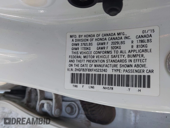 2015 Honda Civic EX with VIN 2HGFB2F8XFH523240, listed as a IAAI auction lot 42040979 with Not Provided miles and . Bid and sale history available at carsss.com. Image 9.