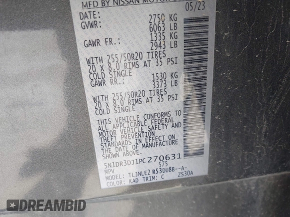 2023 Nissan Pathfinder Platinum с VIN 5N1DR3DJ1PC270631, выставлен на аукционе IAAI как лот 41994040 с пробегом 42 566 миль миль и . История ставок и продаж доступна на DreamBid. Изображение 9.