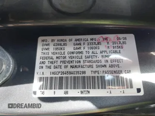 2009 Honda Accord LX-P with VIN 1HGCP26459A035298, listed as a IAAI auction lot 41735076 with 142,131 mi miles and . Bid and sale history available at DreamBid. Image 9.