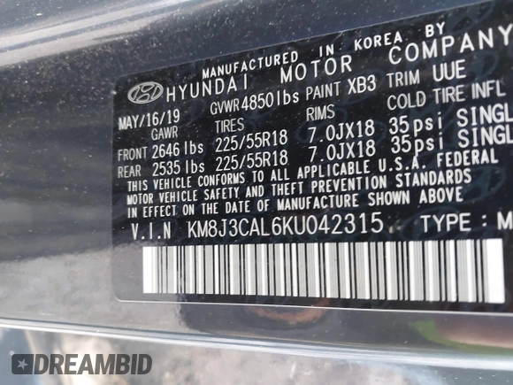2019 Hyundai Tucson Ultimate with VIN KM8J3CAL6KU042315, listed as a IAAI auction lot 41924215 with 105,333 mi miles. Bid and sale history available at carsss.com. Image 9.