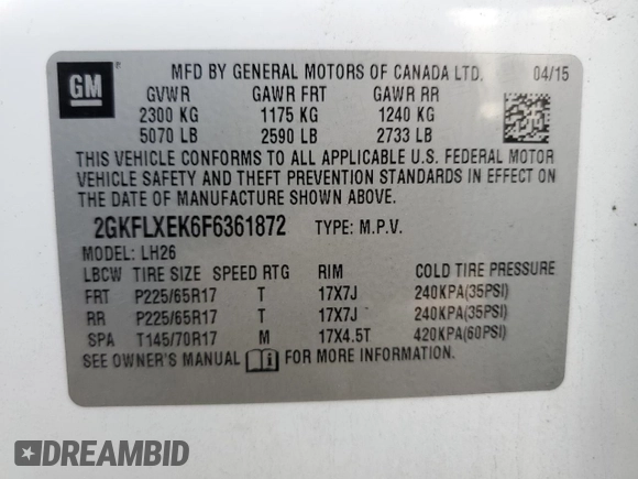 2015 GMC Terrain SLT with VIN 2GKFLXEK6F6361872, listed as a Copart auction lot 78776544 with Not Provided miles and Salvage Title. Bid and sale history available at DreamBid. Image 13.