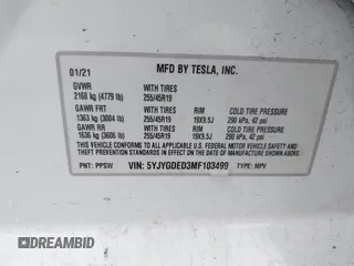 2021 Tesla Model Y Standard Range with VIN 5YJYGDED3MF103499, listed as a IAAI auction lot 41632064 with 132,846 mi miles and . Bid and sale history available at DreamBid. Image 9.