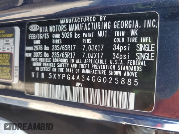 2016 Kia Sorento LX with VIN 5XYPG4A34GG025885, listed as a Copart auction lot 53658205 with 123,783 mi miles and Salvage Title. Bid and sale history available at DreamBid. Image 14.