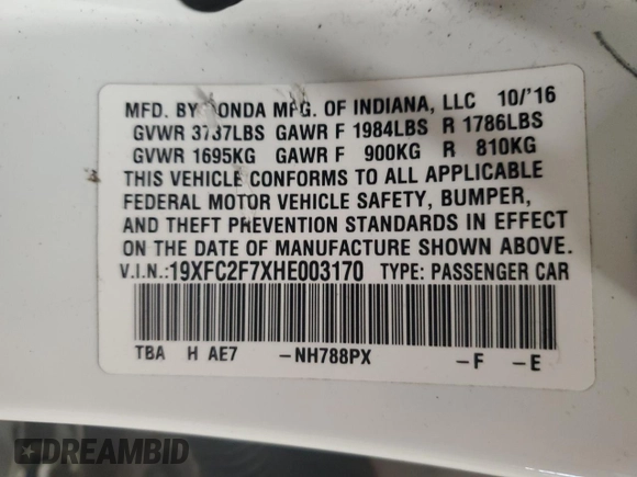 2017 Honda Civic EX z VIN 19XFC2F7XHE003170, wystawiony jako Copart lot #57620105 z przebiegiem 231 942 mil mil oraz Szkoda całkowita • Salvage title. Historia ofert i sprzedaży dostępna na DreamBid. Obrazek 13.