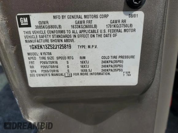 2002 GMC Yukon SLT z VIN 1GKEK13Z52J125819, wystawiony jako Copart lot #55034305 z przebiegiem 237 595 mil mil oraz Czysty tytuł • Clean title. Historia ofert i sprzedaży dostępna na DreamBid. Obrazek 13.