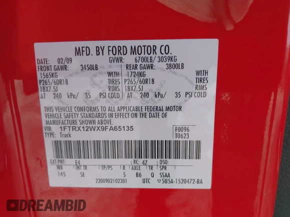 2009 Ford F-150 STX with VIN 1FTRX12WX9FA65135, listed as a IAAI auction lot 41608999 with 94,244 mi miles. Bid and sale history available at carsss.com. Image 9.