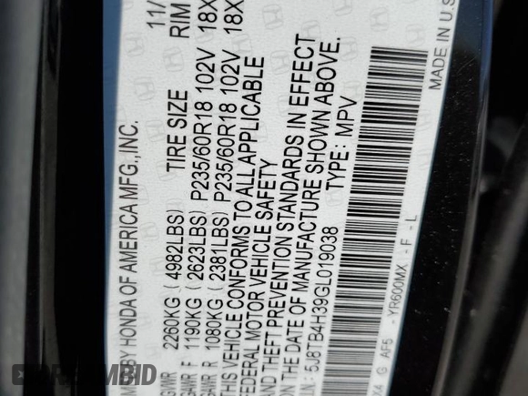 2016 Acura RDX with VIN 5J8TB4H39GL019038, listed as a Copart auction lot 61613965 with 118,275 mi miles and Salvage title. Bid and sale history available at DreamBid. Image 14.