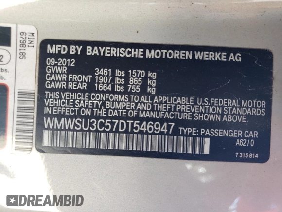 2013 MINI Hardtop with VIN WMWSU3C57DT546947, listed as a Copart auction lot 62088645 with 99,944 mi miles and Salvage title. Bid and sale history available at DreamBid. Image 13.