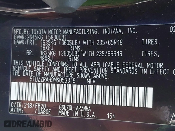 2021 Toyota Highlander L with VIN 5TDZZRAH9MS053319, listed as a IAAI auction lot 42478652 with 48,687 mi miles and . Bid and sale history available at DreamBid. Image 9.
