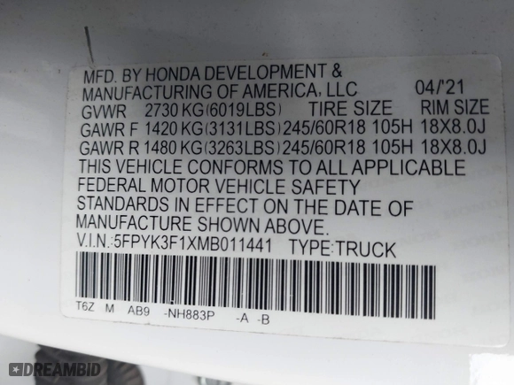 2021 Honda Ridgeline Sport with VIN 5FPYK3F1XMB011441, listed as a IAAI auction lot 41315524 with 59,840 mi miles. Bid and sale history available at carsss.com. Image 9.