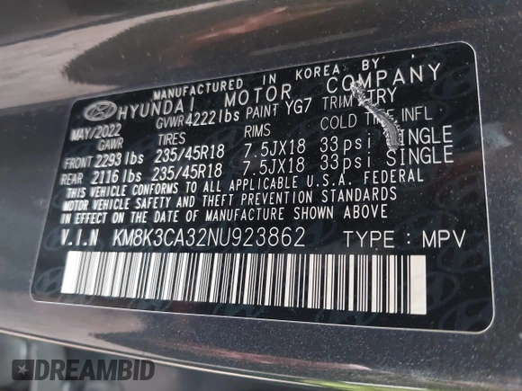 2022 Hyundai Kona N Line with VIN KM8K3CA32NU923862, listed as a IAAI auction lot 41826113 with 75,298 mi miles. Bid and sale history available at carsss.com. Image 9.
