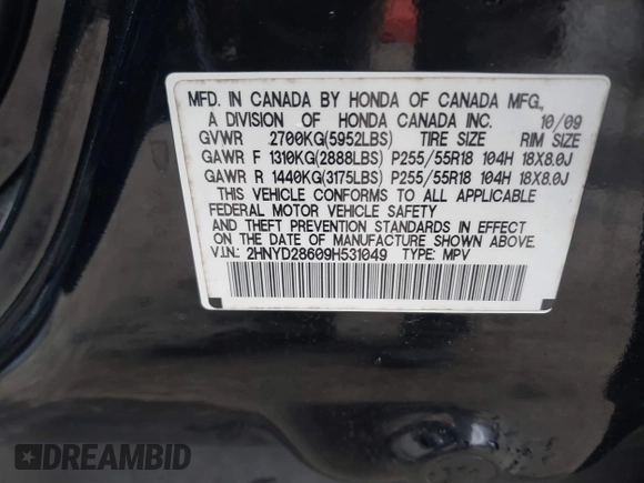 2009 Acura MDX Tech Pkg with VIN 2HNYD28609H531049, listed as a IAAI auction lot 40979774 with 191,865 mi miles. Bid and sale history available at carsss.com. Image 9.