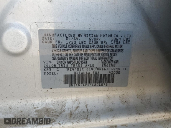 2015 Nissan Versa SV with VIN 3N1CN7AP5FL801573, listed as a Copart auction lot 43271265 with 80,350 mi miles and Salvage title. Bid and sale history available at DreamBid. Image 12.