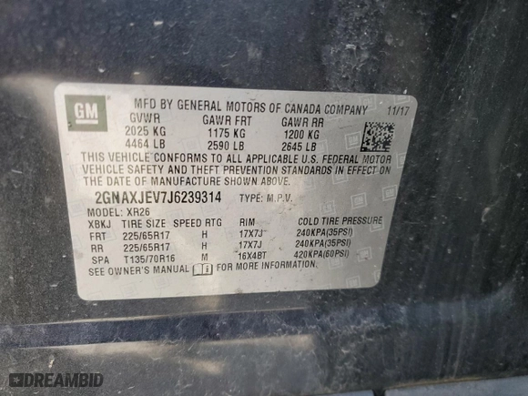 2018 Chevrolet Equinox LT with VIN 2GNAXJEV7J6239314, listed as a Copart auction lot 48591525 with 120,997 mi miles and Salvage Title. Bid and sale history available at carsss.com. Image 15.