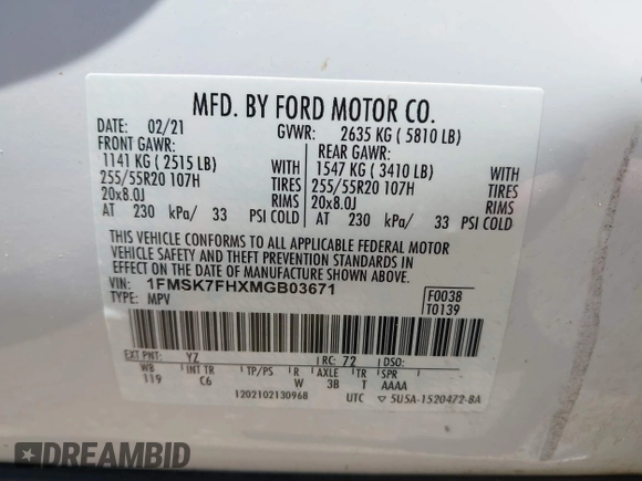 2021 Ford Explorer Limited с VIN 1FMSK7FHXMGB03671, выставлен на аукционе IAAI как лот 42313541 с пробегом Не указан миль и . История ставок и продаж доступна на DreamBid. Изображение 9.