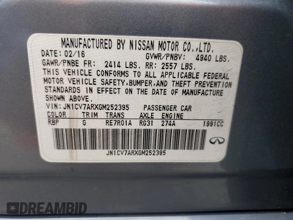 2016 Infiniti Q50 Premium with VIN JN1CV7ARXGM252395, listed as a Copart auction lot 49374055 with 101,369 mi miles and Salvage Title. Bid and sale history available at DreamBid. Image 13.