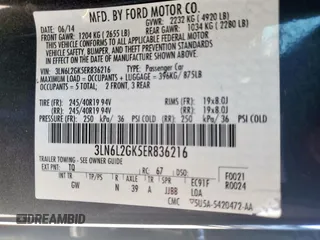 2014 Lincoln MKZ with VIN 3LN6L2GK5ER836216, listed as a Copart auction lot 59079595 with 104,011 mi miles and Salvage title. Bid and sale history available at DreamBid. Image 13.