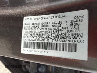 2019 Honda Accord Touring with VIN 1HGCV2F93KA022105, listed as a IAAI auction lot 42481791 with 41,940 mi miles and . Bid and sale history available at DreamBid. Image 9.